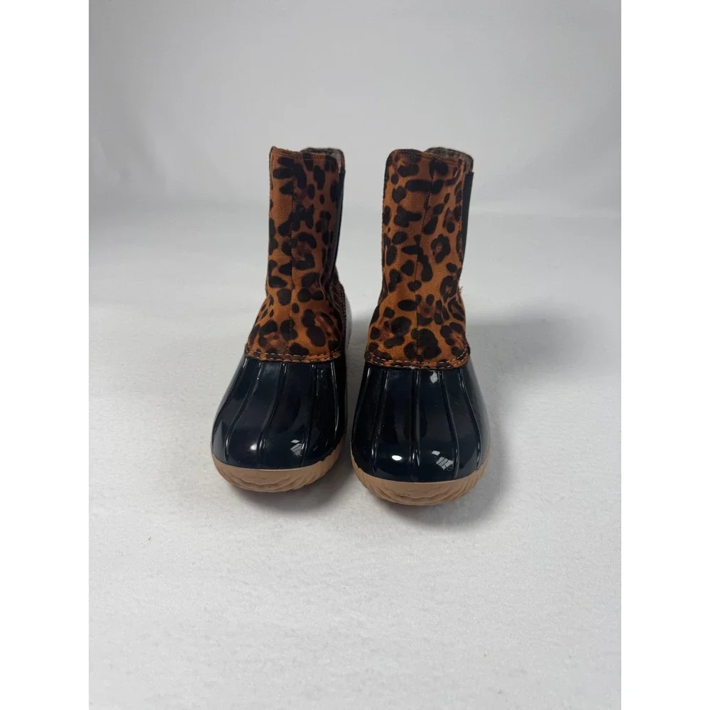 Leopard Print ZBY Women 7.5 Duck Boots Black Brown Waterproof Ankle Chelsea Boot